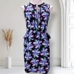 Sandro Paris Ricochet Neon Palm Print Peplum Dress Size 8 Jacquard Zip Front